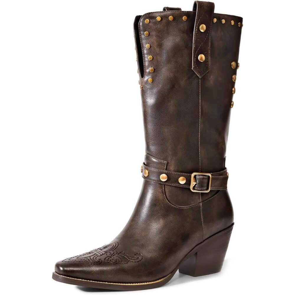 Womens Brown Faux Leather Mid Calf Square Toe Block Chunky Heel Studded Boots